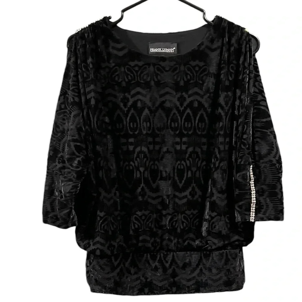 Frank Lyman Black Velour Crystal Open Sleeve Dress Top Size 6
